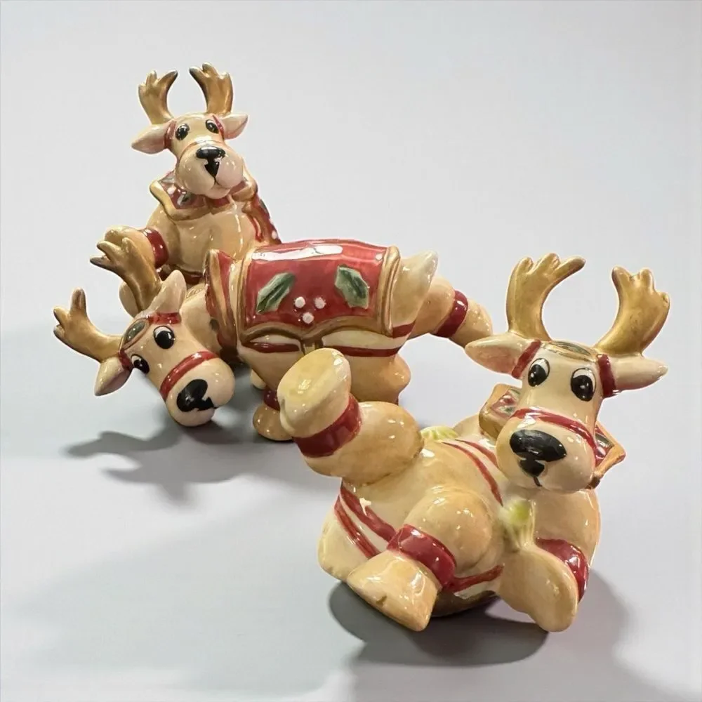 Fitz and Floyd Deer Santa Reindeer Tumbler Figurines Set of Three